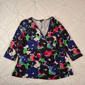 Talbots Womens 2XP Faux Wrap Top Black Blue Floral 3/4 Sleeve Surplice Ruched